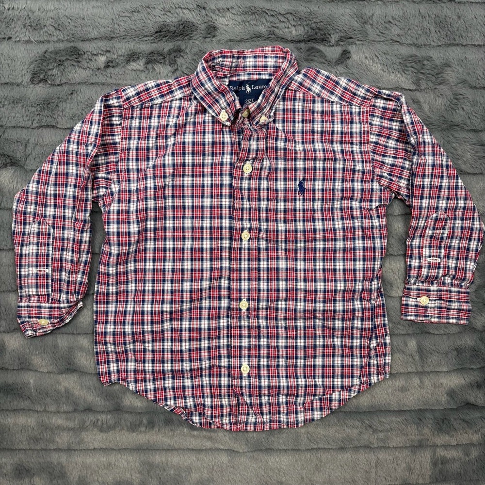 Ralph Lauren Toddler Boys Red Blue Plaid Button Down Shirt 2T Long Sleeve 9018